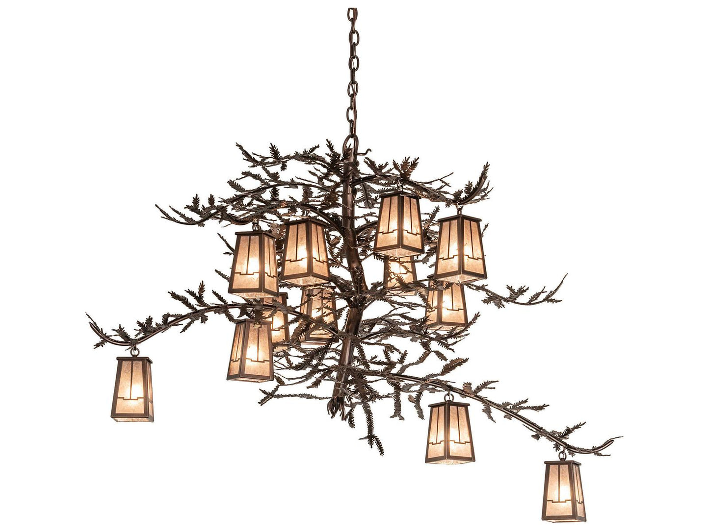Meyda Pine Branch Valley View 12-Light Chandelier in Mahogany Bronze with Silver Mica Glass