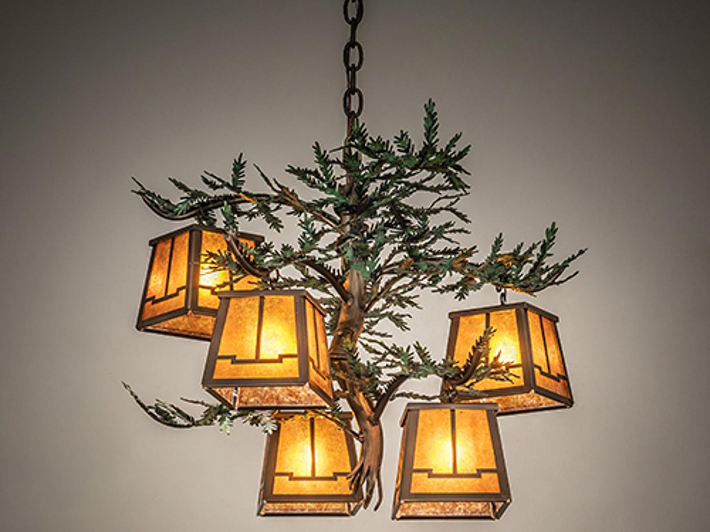 Meyda Pine Branch Valley View 5-Light Tiffany Lantern Chandelier in Antique Copper