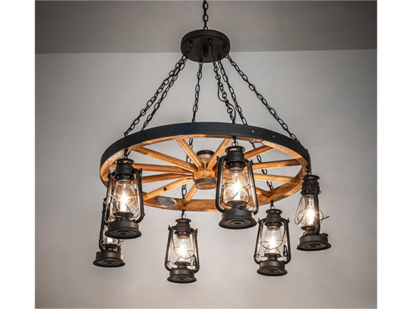 Meyda Tiffany Miners Lantern 6-Light Natural Wood Wrought Iron Chandelier