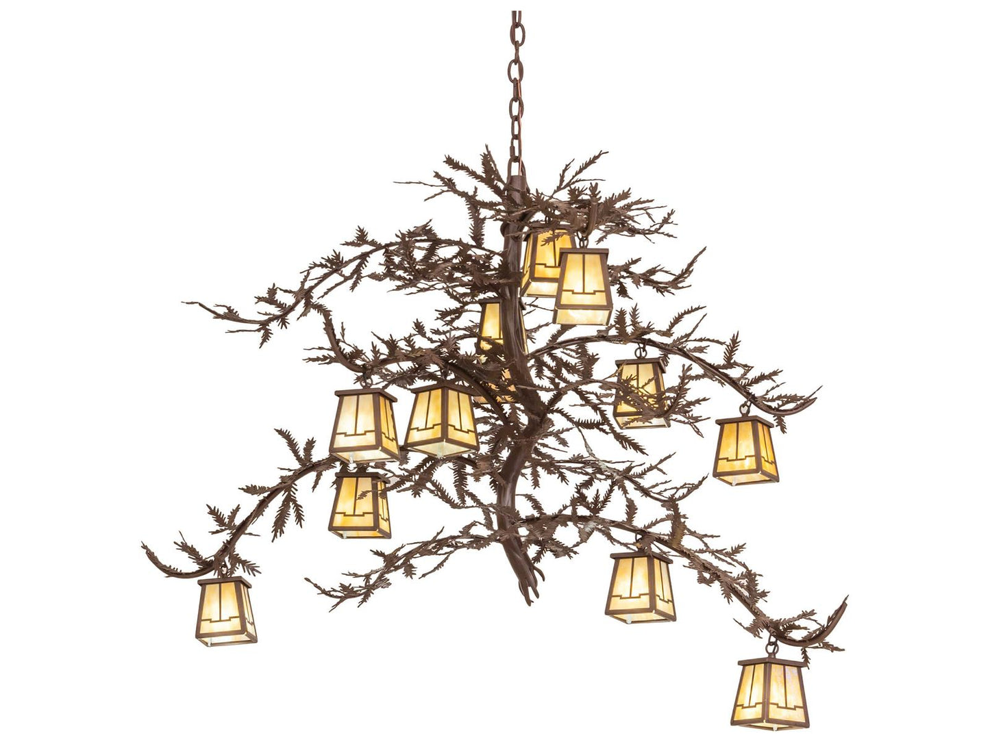 Meyda Pine Branch 12-Light Lantern Chandelier in Cafe Noir with Beige Iridescent Glass