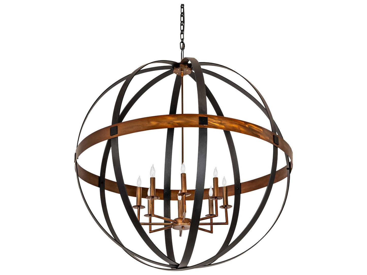 Meyda 8-Light Candelabra Globe Chandelier in Blackwash Iron and Copper