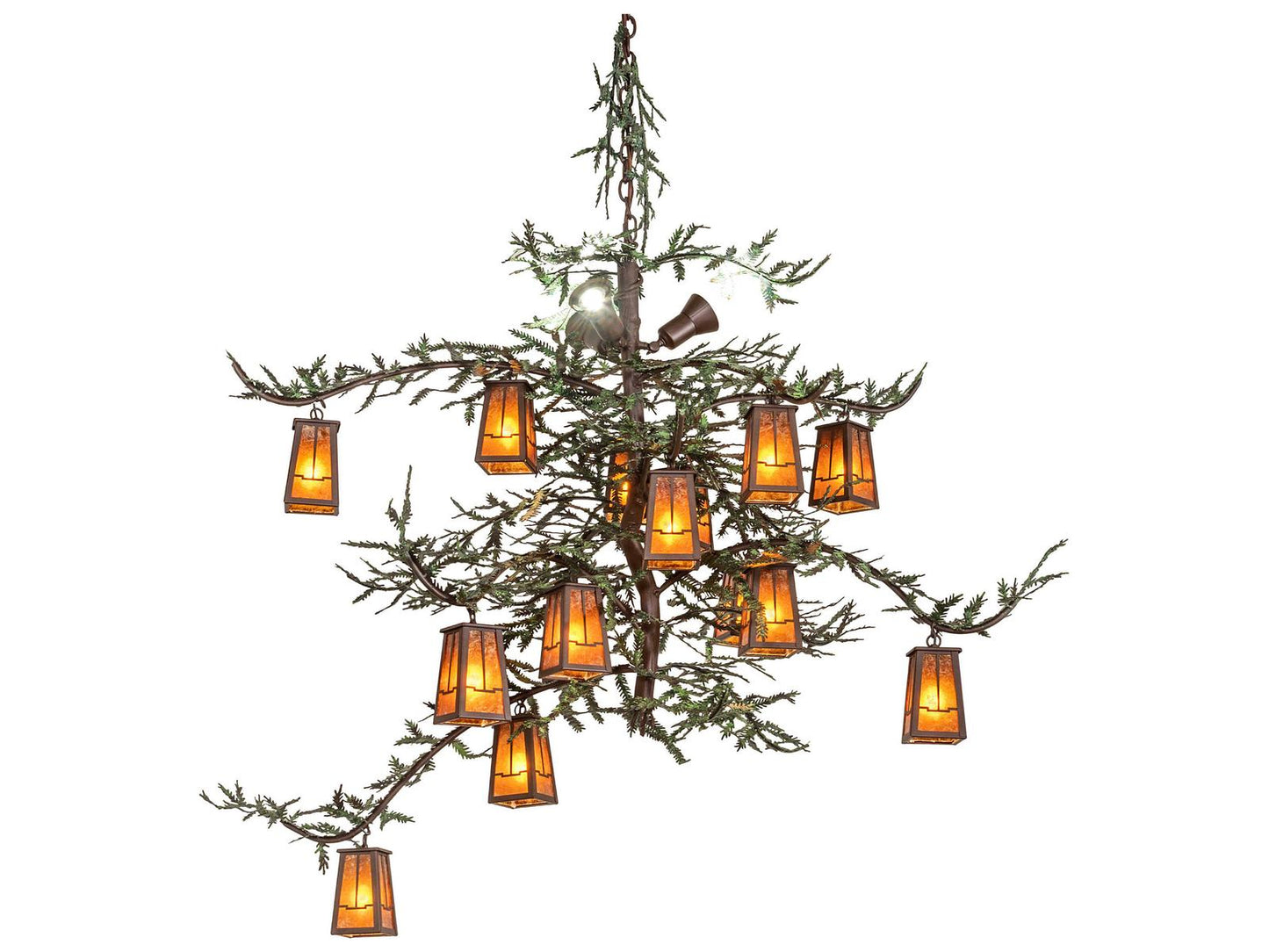 Meyda Pine Branch Valley View 15-Light Lantern Chandelier in Cafe-Noir with Amber Mica