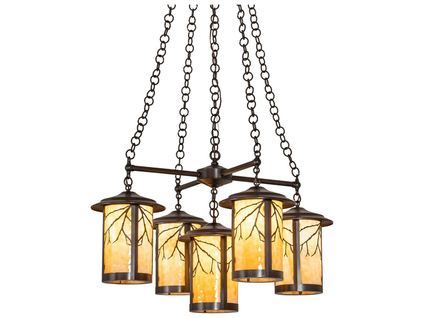 Meyda 5-Light Fulton Craftsman Brown Chandelier with Beige Art Glass