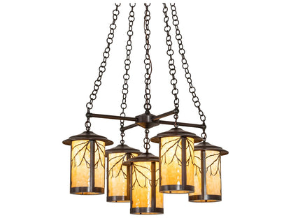 Meyda 5-Light Fulton Craftsman Brown Chandelier with Beige Art Glass