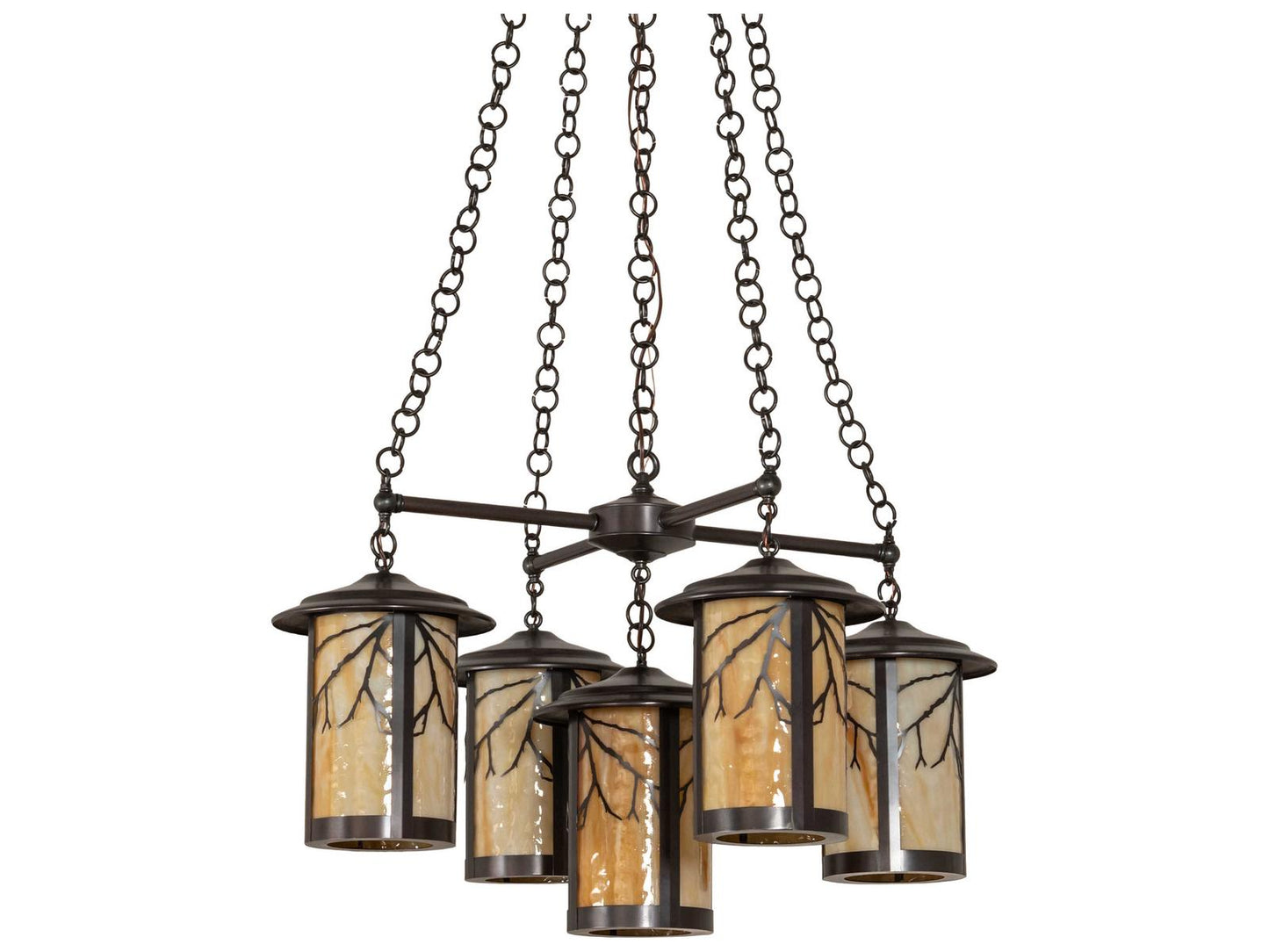 Meyda 5-Light Fulton Craftsman Brown Chandelier with Beige Art Glass