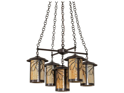 Meyda 5-Light Fulton Craftsman Brown Chandelier with Beige Art Glass