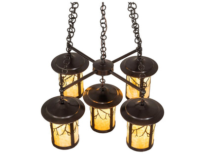 Meyda 5-Light Fulton Craftsman Brown Chandelier with Beige Art Glass