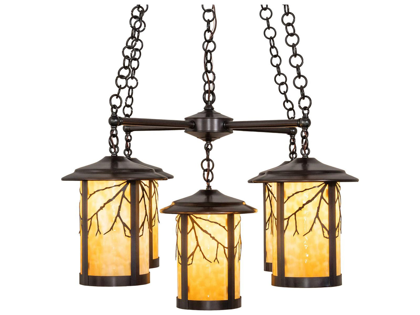 Meyda 5-Light Fulton Craftsman Brown Chandelier with Beige Art Glass