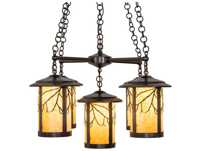Meyda 5-Light Fulton Craftsman Brown Chandelier with Beige Art Glass