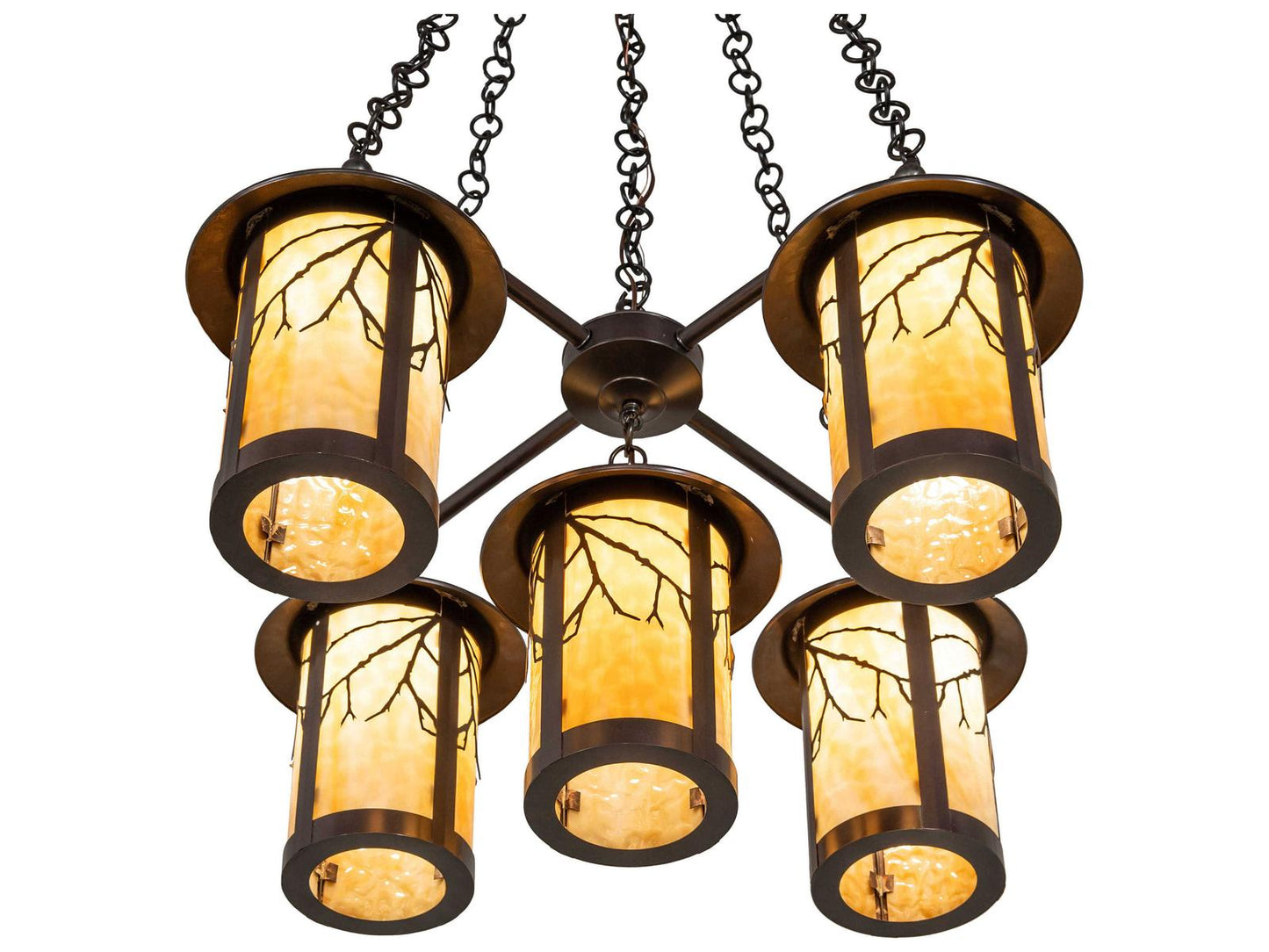 Meyda 5-Light Fulton Craftsman Brown Chandelier with Beige Art Glass