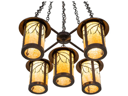 Meyda 5-Light Fulton Craftsman Brown Chandelier with Beige Art Glass