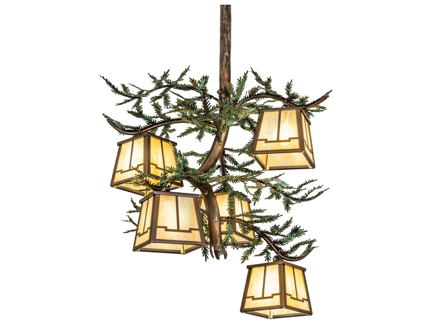 Meyda Pine Branch 5-Light Antique Copper Lantern Chandelier with Beige Iridescent Glass