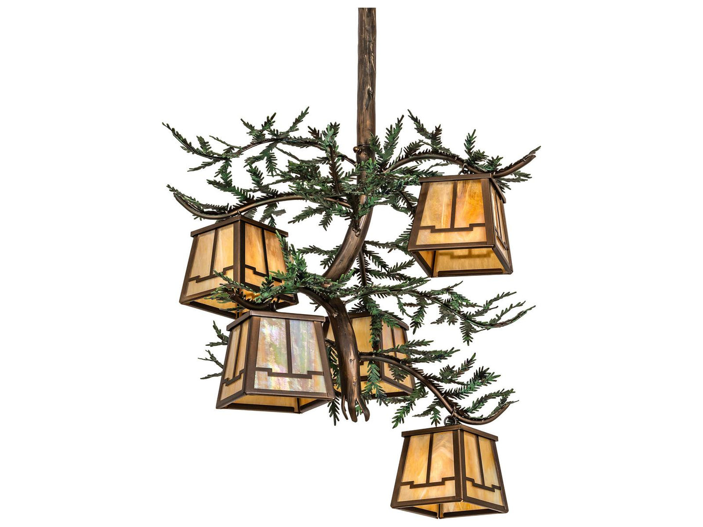 Meyda Pine Branch 5-Light Antique Copper Lantern Chandelier with Beige Iridescent Glass