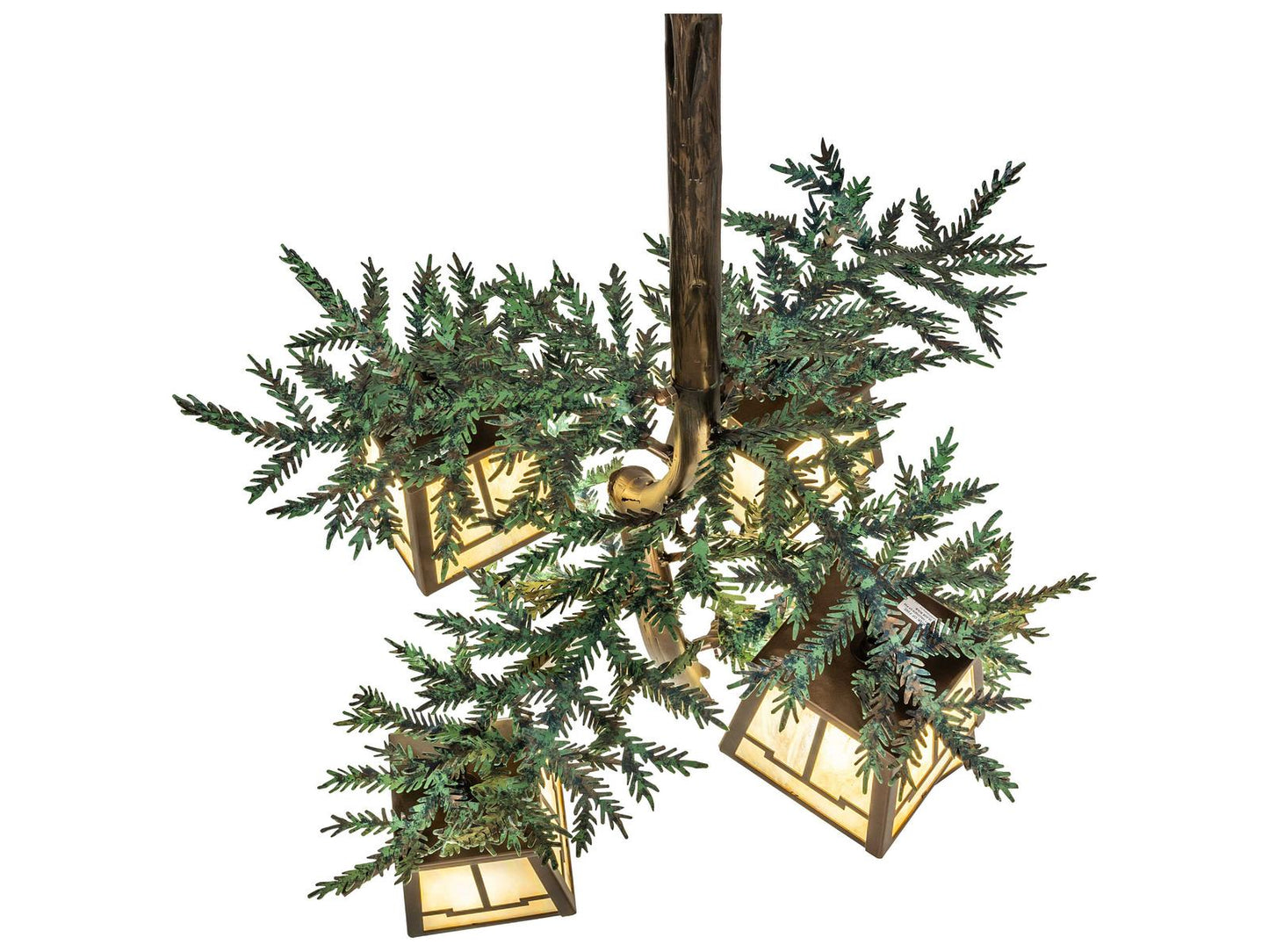 Meyda Pine Branch 5-Light Antique Copper Lantern Chandelier with Beige Iridescent Glass