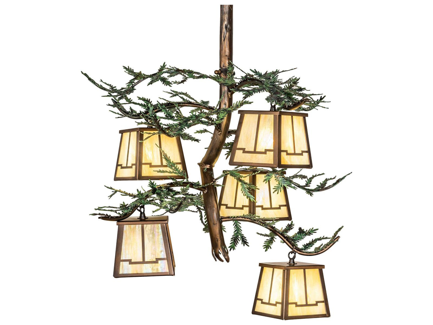 Meyda Pine Branch 5-Light Antique Copper Lantern Chandelier with Beige Iridescent Glass