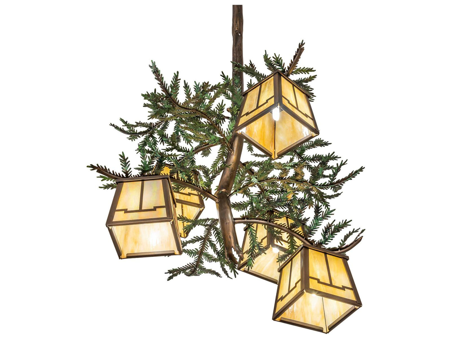 Meyda Pine Branch 5-Light Antique Copper Lantern Chandelier with Beige Iridescent Glass