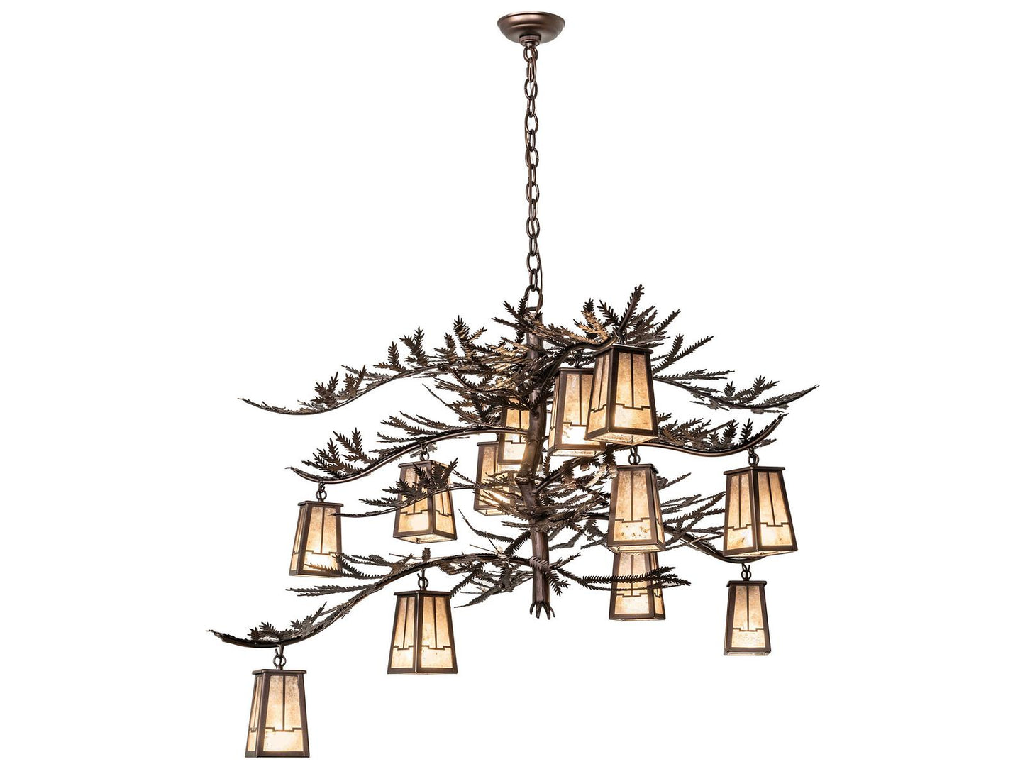 Meyda Pine Branch 12-Light Chandelier in Mahogany Bronze with Silver Mica Shades