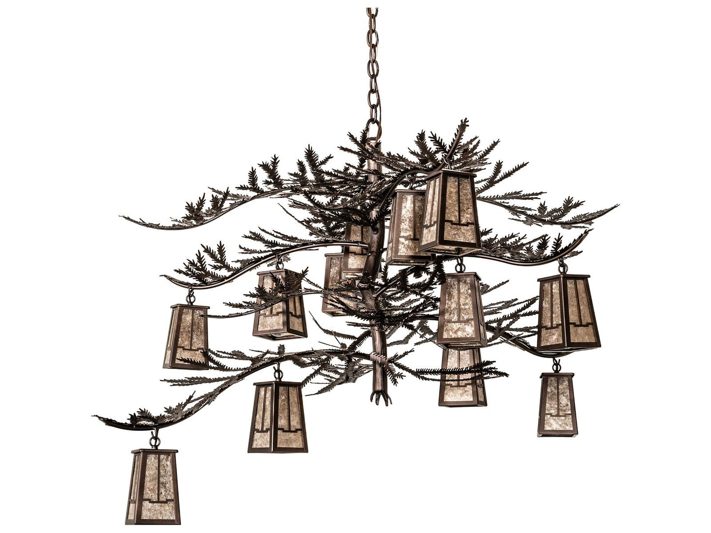 Meyda Pine Branch 12-Light Chandelier in Mahogany Bronze with Silver Mica Shades