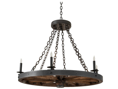 Meyda Wagon Wheel 6-Light Wrought Iron Chandelier with Dark Walnut Accents