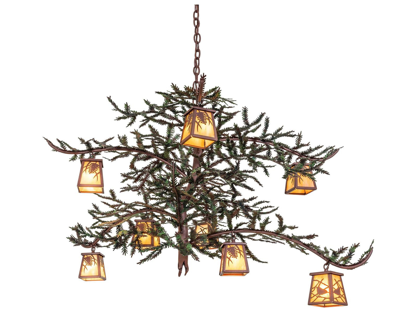 Meyda Pine Branch 8-Light Chandelier with Rust Green Branches and Iridescent Glass