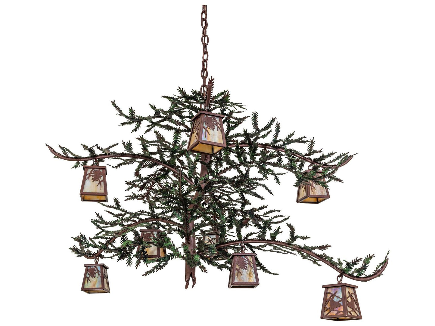 Meyda Pine Branch 8-Light Chandelier with Rust Green Branches and Iridescent Glass