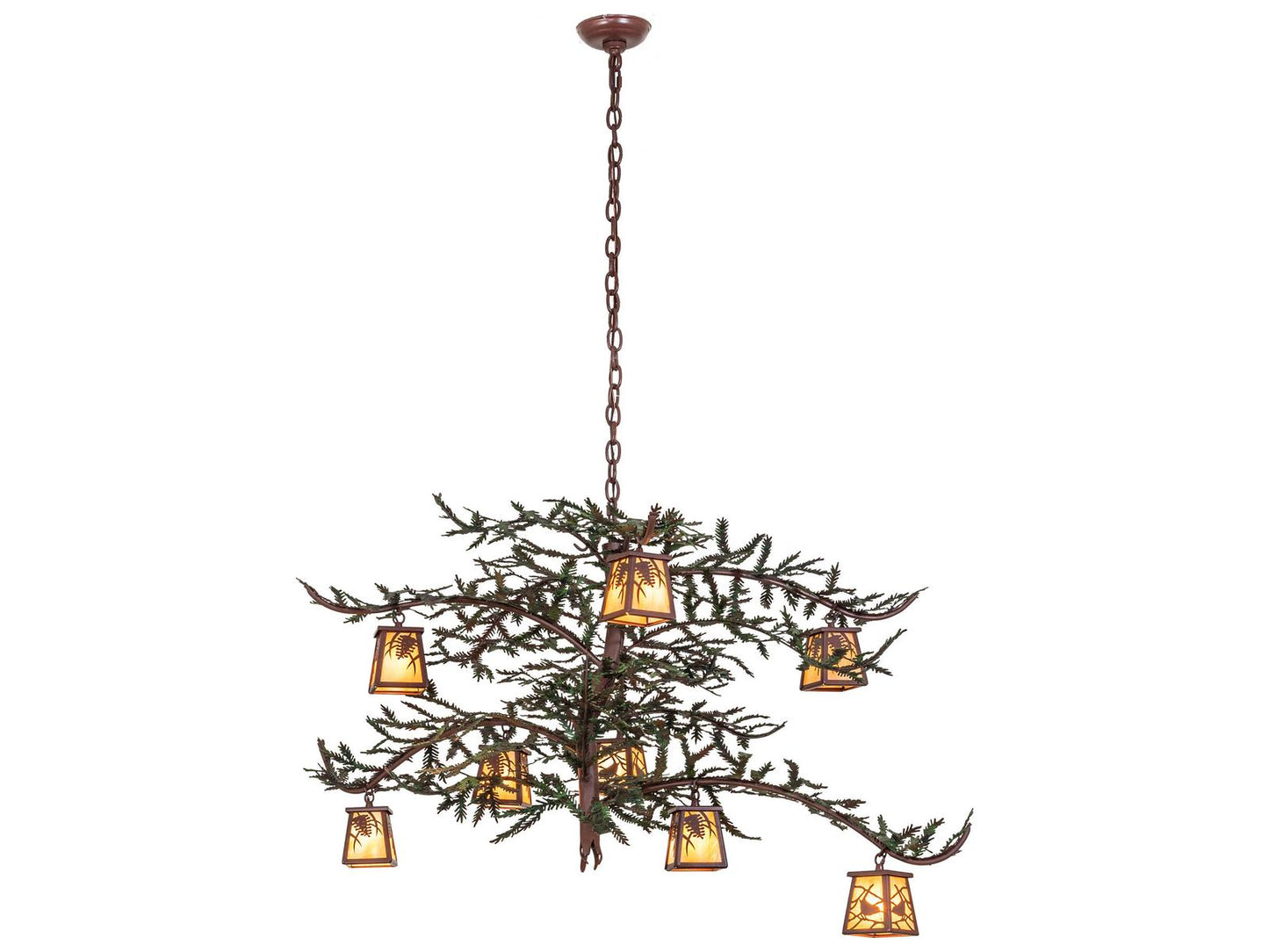 Meyda Pine Branch 8-Light Chandelier with Rust Green Branches and Iridescent Glass