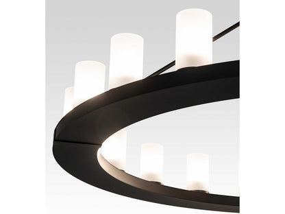 Meyda Loxley 21-Light Solar Black Cylinder Chandelier with Clear Frosted Glass