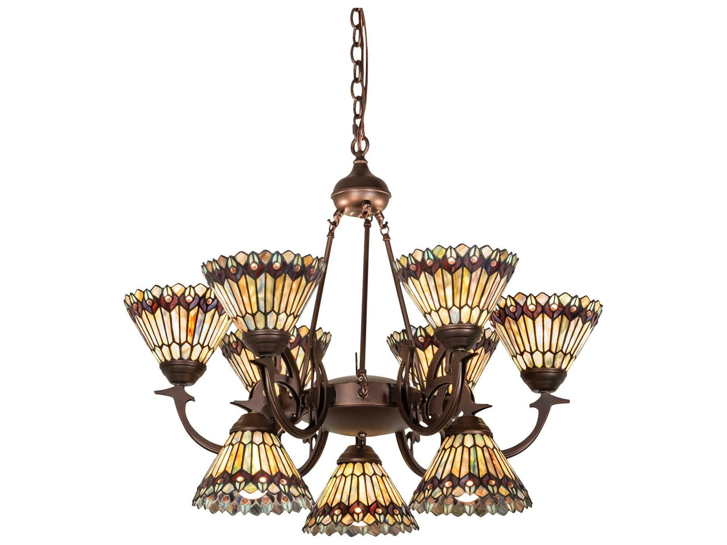 Meyda Tiffany Jeweled Peacock 9-Light Chandelier in Mahogany Bronze