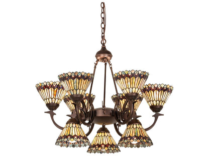 Meyda Tiffany Jeweled Peacock 9-Light Chandelier in Mahogany Bronze