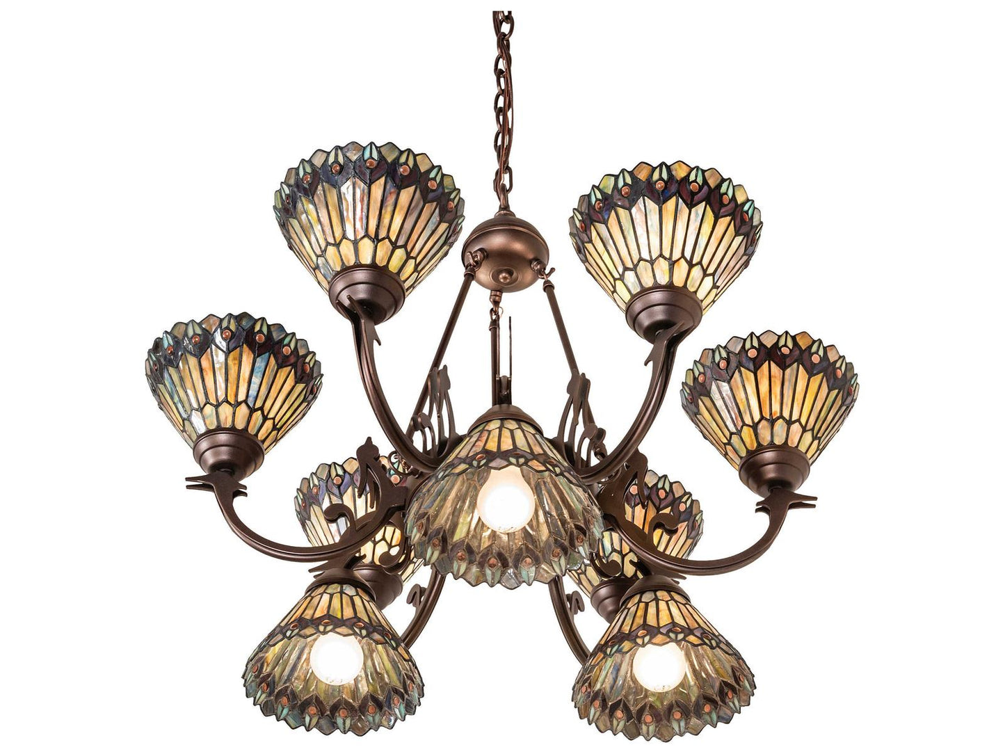 Meyda Tiffany Jeweled Peacock 9-Light Chandelier in Mahogany Bronze