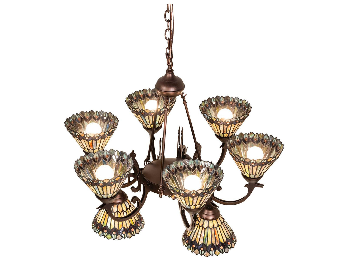 Meyda Tiffany Jeweled Peacock 9-Light Chandelier in Mahogany Bronze