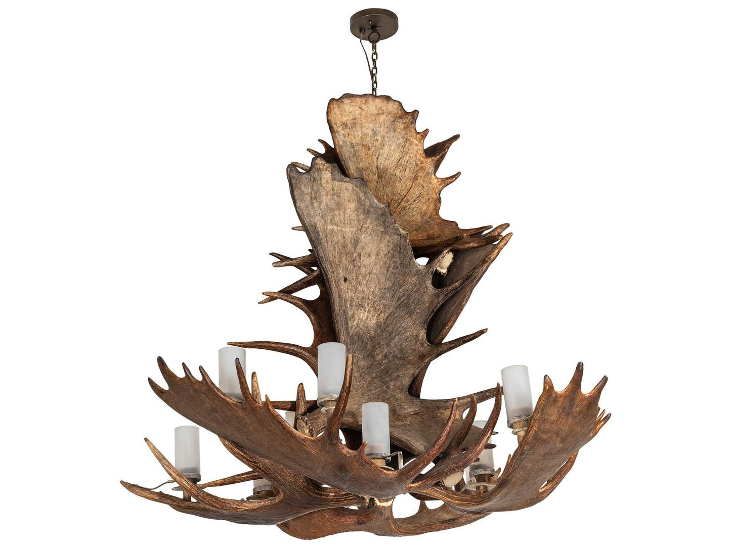 Meyda Antlers Moose 12-Light Chandelier in Antique Brass with Frosted Glass