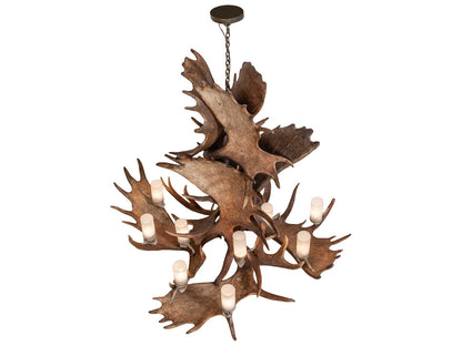 Meyda Antlers Moose 12-Light Chandelier in Antique Brass with Frosted Glass
