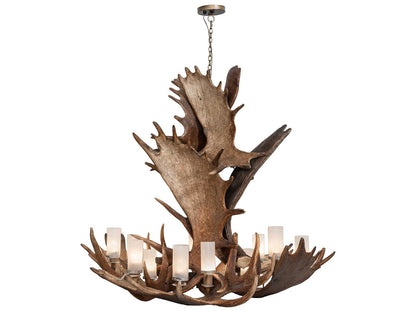 Meyda Antlers Moose 12-Light Chandelier in Antique Brass with Frosted Glass