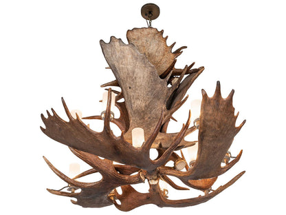 Meyda Antlers Moose 12-Light Chandelier in Antique Brass with Frosted Glass