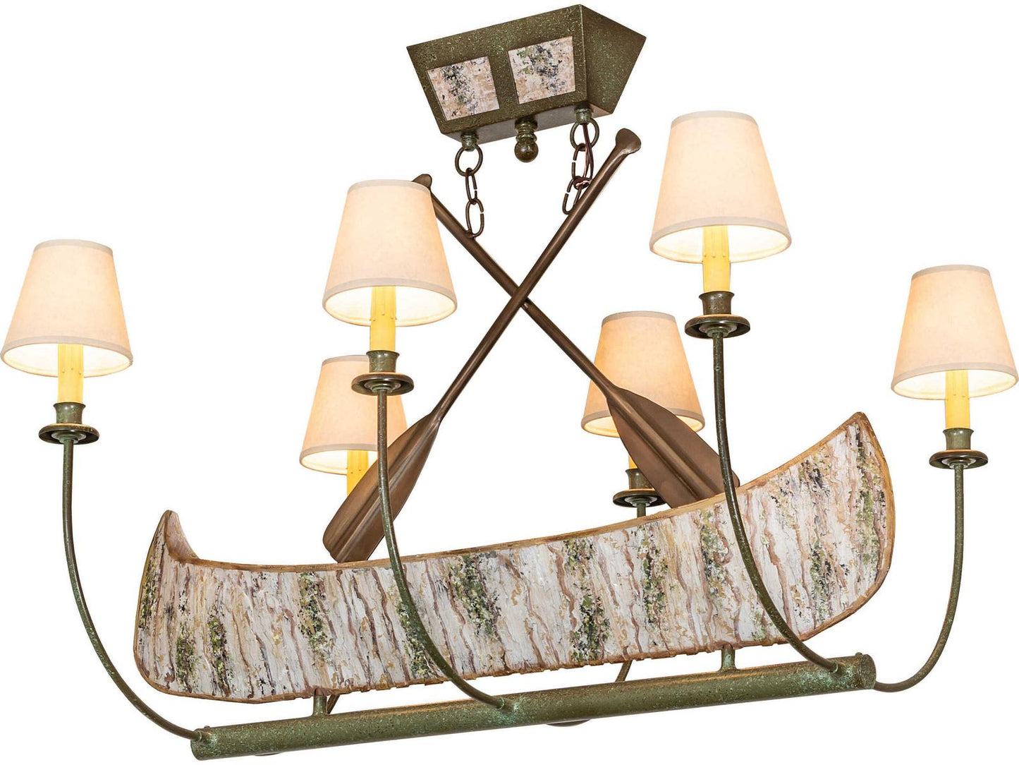 Meyda Canoe 6-Light Linear Chandelier in Tarnished Copper with Parchment Shades