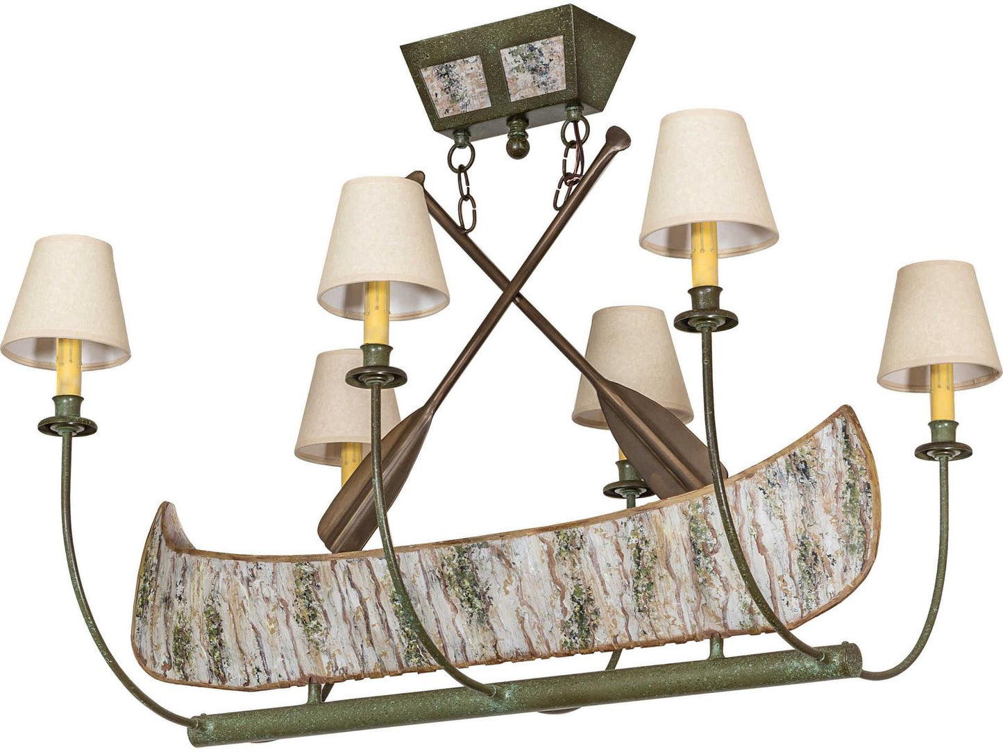 Meyda Canoe 6-Light Linear Chandelier in Tarnished Copper with Parchment Shades