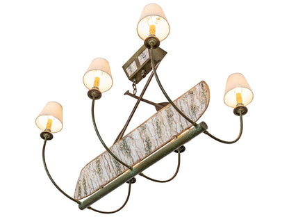 Meyda Canoe 6-Light Linear Chandelier in Tarnished Copper with Parchment Shades