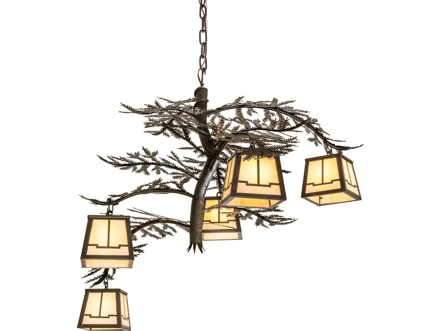 Meyda Tiffany Pine Branch 5-Light Craftsman Brown Chandelier with Beige Art Glass