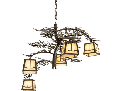 Meyda Tiffany Pine Branch 5-Light Craftsman Brown Chandelier with Beige Art Glass