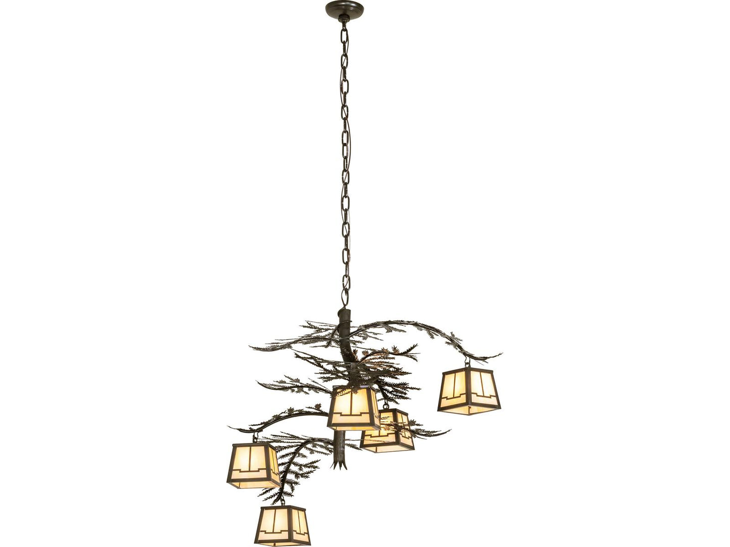 Meyda Tiffany Pine Branch 5-Light Craftsman Brown Chandelier with Beige Art Glass