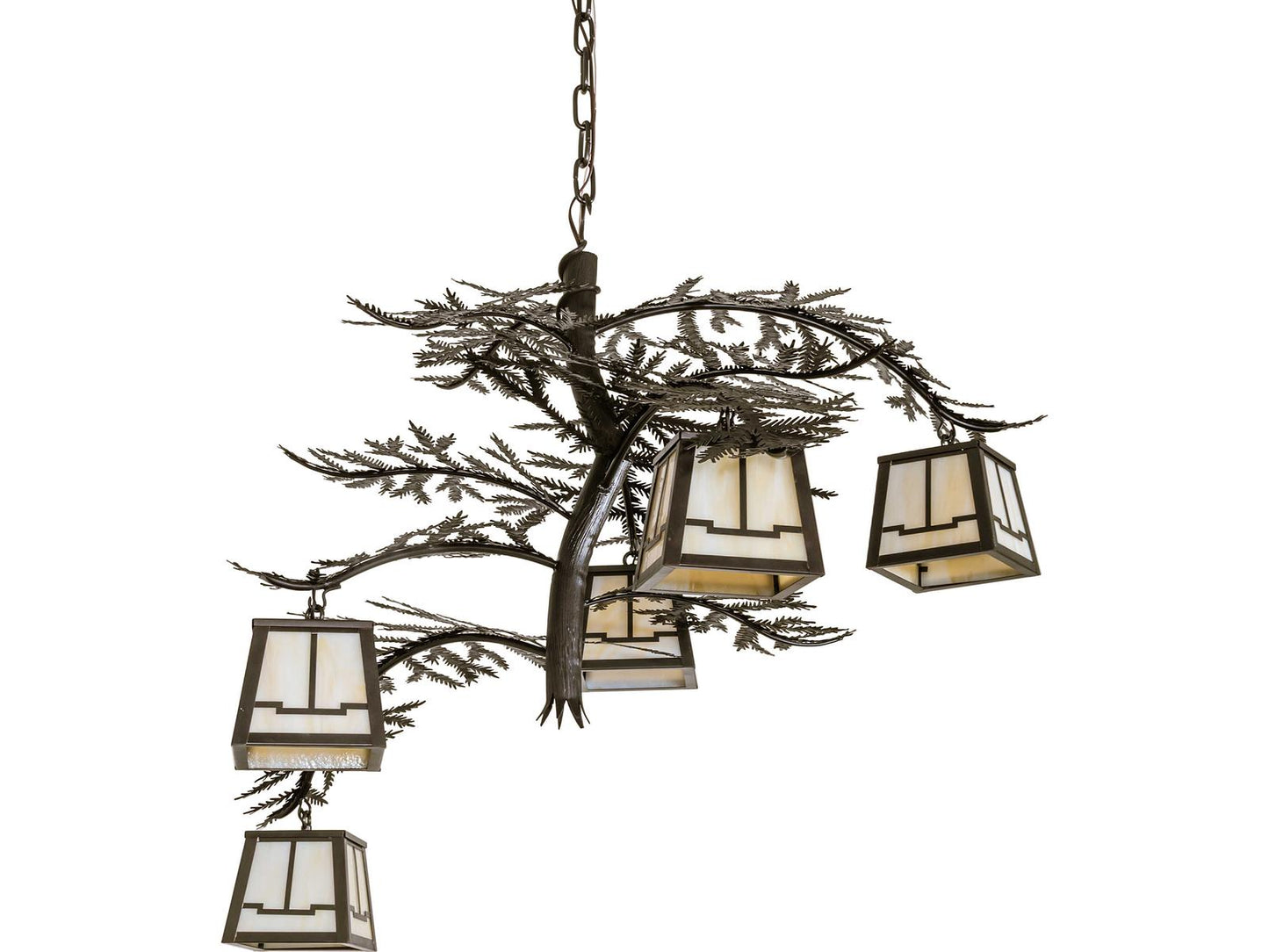 Meyda Tiffany Pine Branch 5-Light Craftsman Brown Chandelier with Beige Art Glass