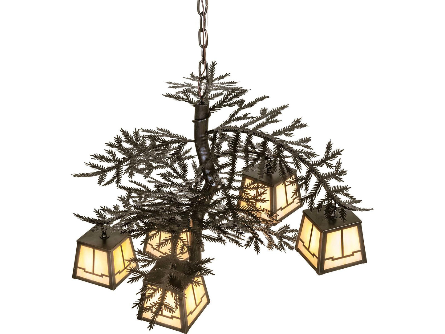 Meyda Tiffany Pine Branch 5-Light Craftsman Brown Chandelier with Beige Art Glass