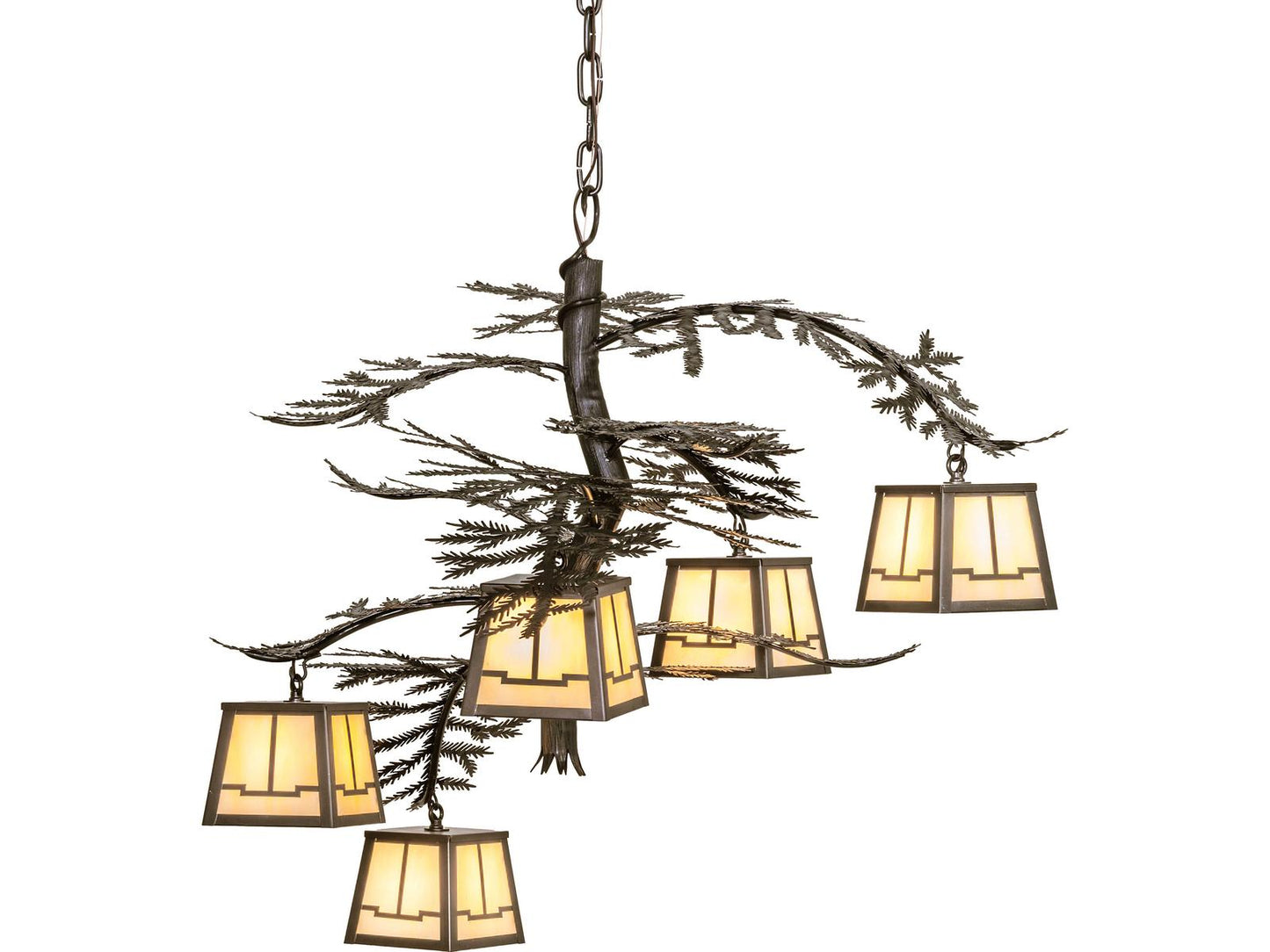 Meyda Tiffany Pine Branch 5-Light Craftsman Brown Chandelier with Beige Art Glass