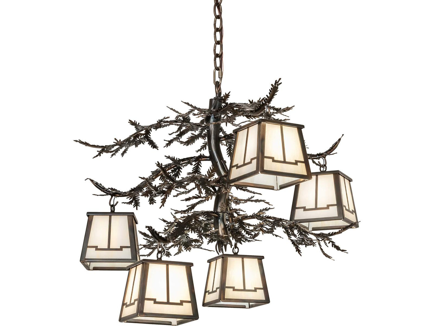 Meyda Pine Branch 5-Light Chandelier with Beige Art Glass and Dark Burnished Antique Copper