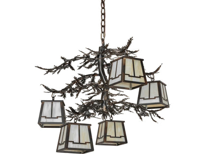 Meyda Pine Branch 5-Light Chandelier with Beige Art Glass and Dark Burnished Antique Copper