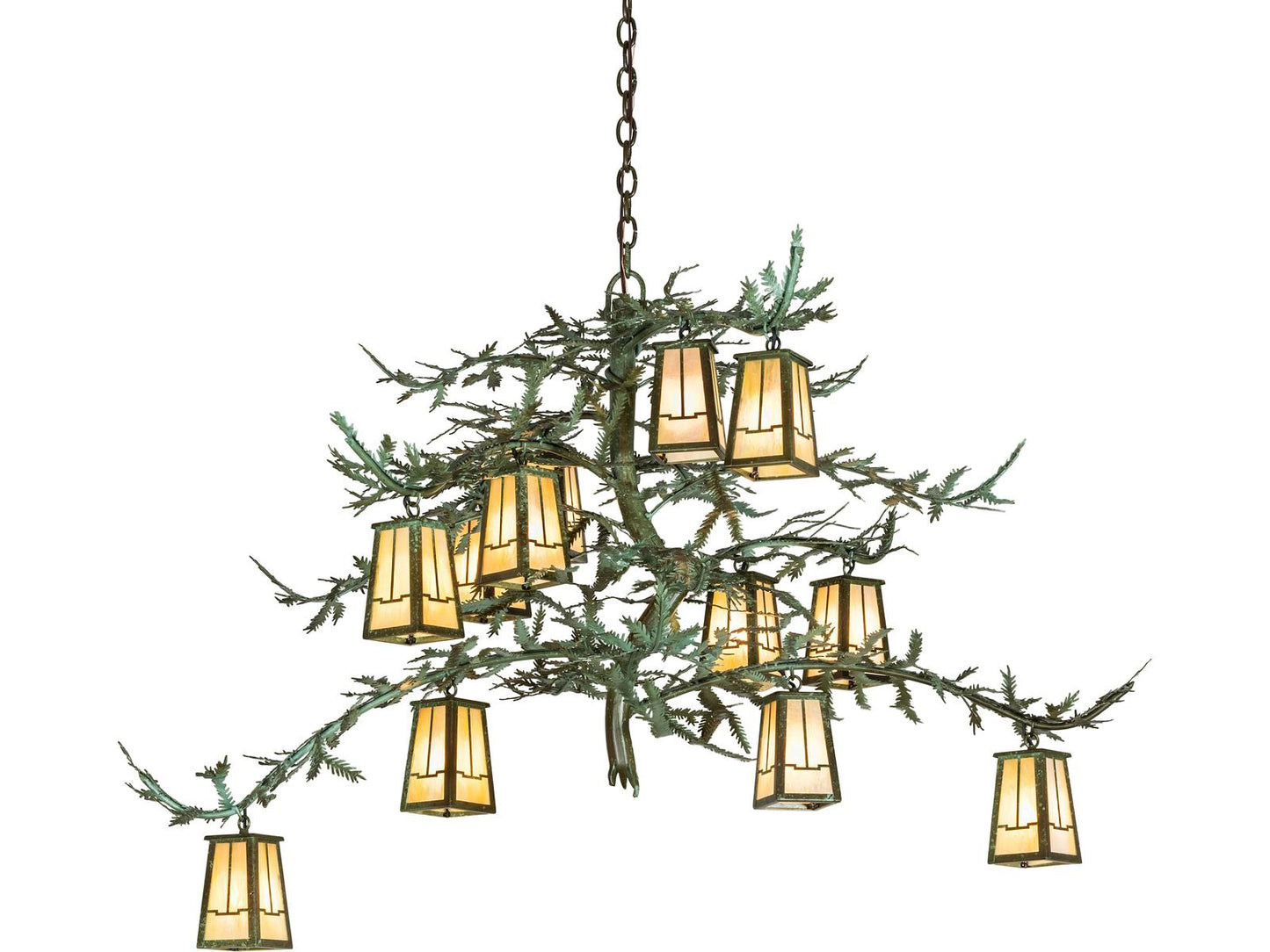 Meyda Pine Branch 12-Light Beige Iridescent Glass Chandelier with Tarnished Copper and Green Accents