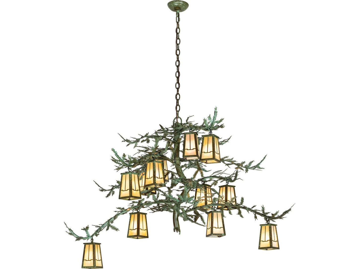 Meyda Pine Branch 12-Light Beige Iridescent Glass Chandelier with Tarnished Copper and Green Accents