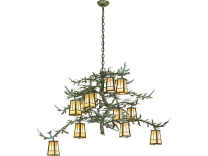 Meyda Pine Branch 12-Light Beige Iridescent Glass Chandelier with Tarnished Copper and Green Accents