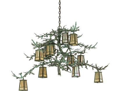 Meyda Pine Branch 12-Light Beige Iridescent Glass Chandelier with Tarnished Copper and Green Accents